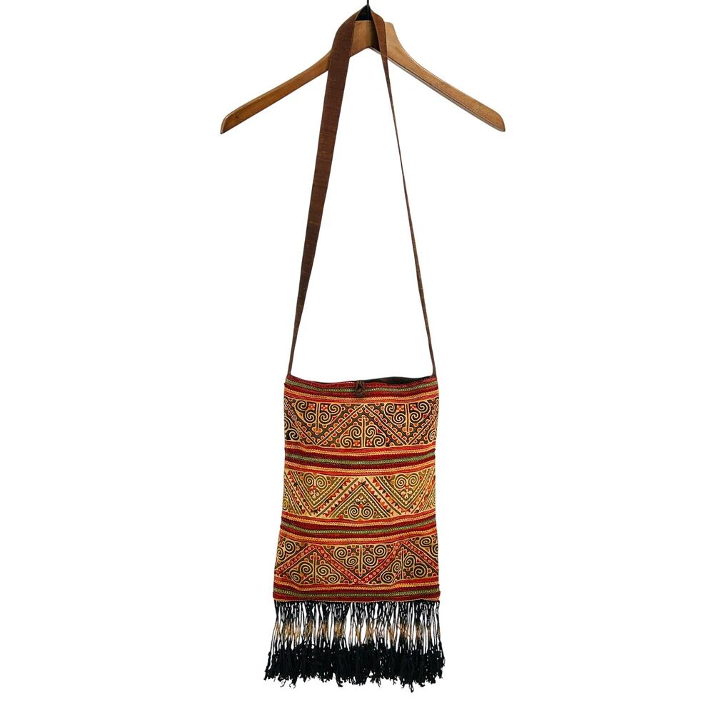 Tribal Ethnic Red Brown Embroidered Boho Crossbody Bag with Tassels